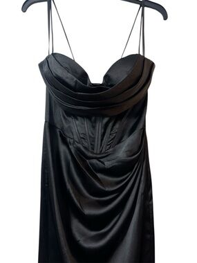 GB Satin Corset Midi Dress Black Cowl Neck Lace Up Back Formal Prom Size 11